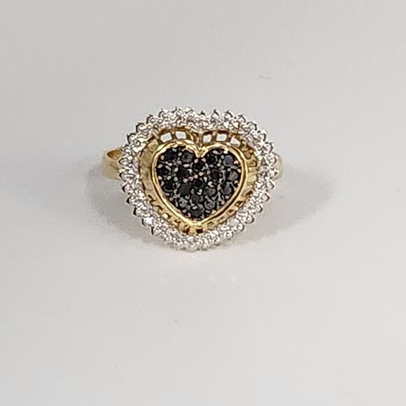 18k Yellow Gold Black &White Diamonds Heart Ring Size 7.25 - Picture 5 of 12